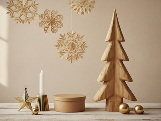 Empty wooden stand for products with carved Christmas tree and golden star. Christmas and Winter