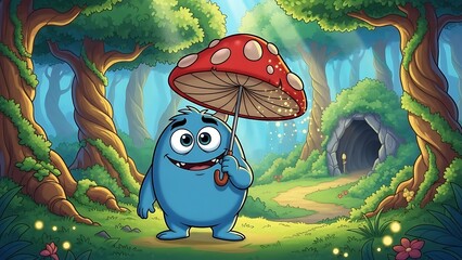 A cute blue cartoon monster holds a red mushroom umbrella in a magical forest with a path leading to a cave.