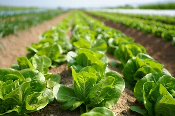 Fresh lettuce growing in a lush green field with rows of crops