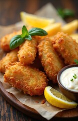 Fototapeta premium Crispy fried fish fingers with golden breadcrumbs are served with lemon wedges and creamy sauce. This delicious seafood snack is perfect for kids and adults alike for any meal.