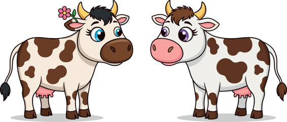 Obraz premium Two Cute Cartoon Spotted Dairy Cow Characters, Happy Farm Animal Mascot Vector Illustration with Flower and Large Eyes.
