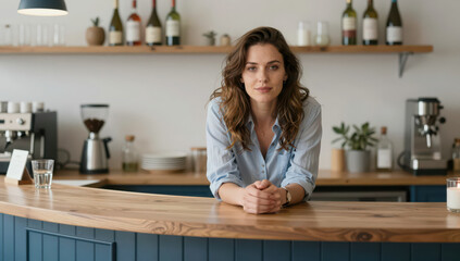 Woman entrepreneur coffee shop bar counter small business cafe owner modern casual hospitality confident entrepreneur woman leans wooden bar counter modern coffee shop cafe interior small business