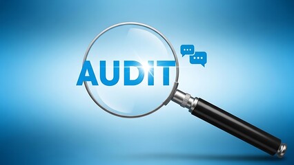 Magnifying glass with AUDIT text on blue background with chat icons
