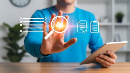 Man interacting with AI technology on tablet in modern office