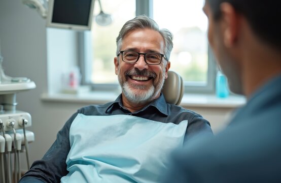 Middle aged man with glasses smiles in dentist chair. He wears a blue shirt and light blue bib. Dentist appointment for dental care and oral hygiene.