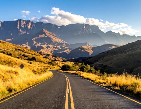 Winding asphalt road leads toward imposing mountain range bathed in sunlight, with rolling hills and a few clouds - Powered by Adobe