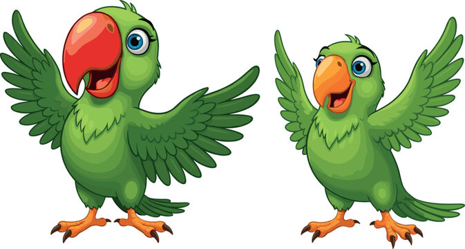Two Happy Green Cartoon Parrots with Bright Feathers and Open Wings Welcoming and Waving Hello Vector Illustration.