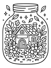 Whimsical Home in a Jar: A charming illustration depicts a cozy home nestled within a glass jar, surrounded by flourishing plants and delicate flowers, evoking a sense of sanctuary and tranquility.