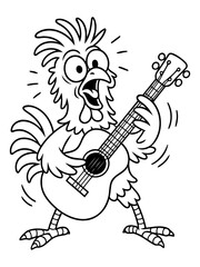 Fototapeta premium Rockstar Rooster: A lively and animated cartoon rooster strums a guitar with gusto, showcasing his hidden musical talent. This whimsical scene blends humor with a touch of artistic flair.