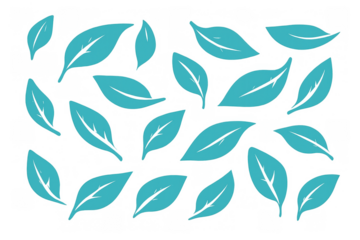 Teal tea leaves illustration pattern on transparent background representing organic nature and healthy drinks