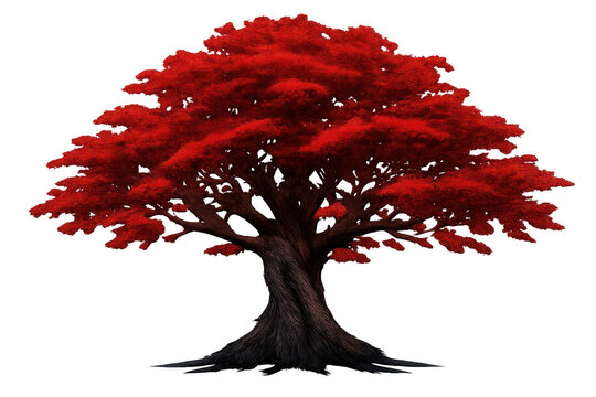 Old tree having vibrant red autumn leaves, strong twisted trunk, and exposed roots, creating a mystical fantasy nature element