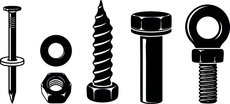 Various fasteners nail screw bolt nut and eye bolt vector illustration black and white 