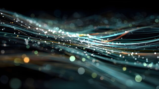 Futuristic Data Stream with Luminous Fiber Optic Lines and Digital Particle Waves