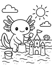 Fototapeta premium Axolotl at the Beach: A cheerful axolotl joyfully builds a sandcastle, with bucket and shovel on a sunny day at the beach. capturing the playful essence of summer.