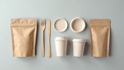 Eco friendly disposable food packaging includes paper cups, pouches, wooden cutlery, and round containers. Items suggest take out food or drink services, promote sustainable living.