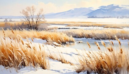 Winter landscape featuring a serene river flowing through golden reeds, snow-covered banks, and distant snow-capped mountains