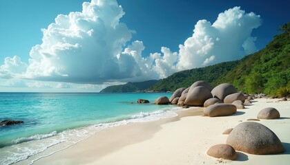 Idyllic tropical island beach scene with calm turquoise ocean waves washing ashore on white sand. Large smooth boulders dot shoreline below rich green hills, under bright blue sky with white clouds.