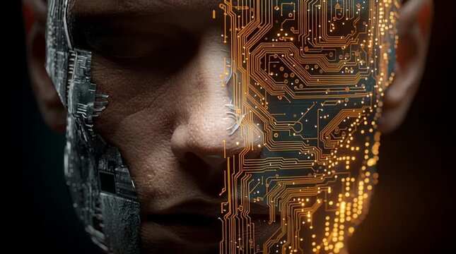 Human face split between organic skin and glowing digital circuit board technology