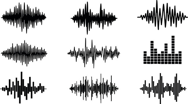 Audio waveforms and equalizer vector set with black soundbars and signal patterns 