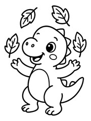 Fototapeta premium Playful Dinosaur in Leafy Fun: A delightful outline of a smiling dinosaur frolicking amidst falling leaves, embodying playful innocence and the joy of nature.