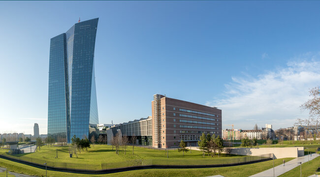 panoramic view to hafenpark in ostend, frankfurt am Main, Germany with new building of ECB