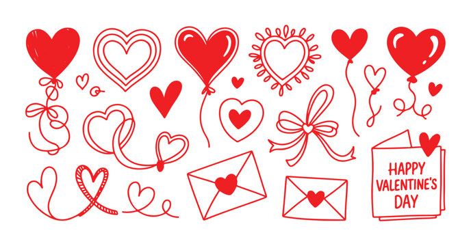 Happy valentine day red doodle set hearts balloons envelopes bows holiday romantic elements