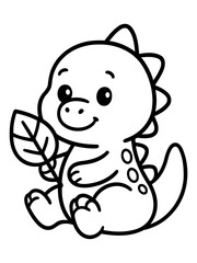 Fototapeta premium Cute Cartoon Dinosaur and Leaf: An adorable cartoon dinosaur clutches a leaf in its tiny claws, emanating an aura of playful curiosity and joy.