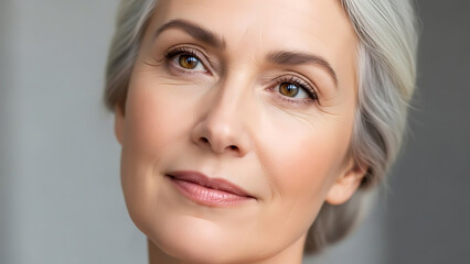 Portrait of a Mature Woman with Elegant Gray Hair and Kind Eyes.
