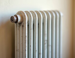 Old cast iron radiator provides central heating. It is a white metal object emitting warmth and comfort for a home interior. This appliance is part of a warm air system.