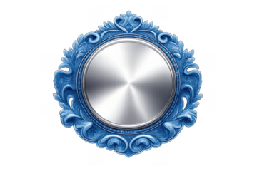 Ornate blue frame with metallic silver blank circle badge, antique decorative relief, classic elegant design on transparent background