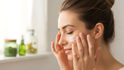 Woman applying cream to her face for skincare routine.