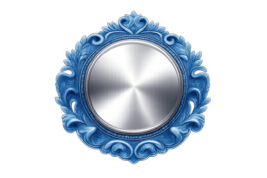 Ornate blue frame with metallic silver blank circle badge, antique decorative relief, classic elegant design on transparent background