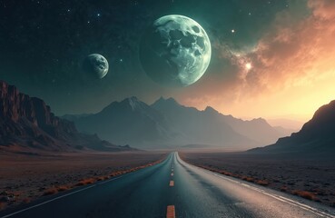 Empty road leads to alien mountains under large moon and distant galaxy. Vast desert landscape on faraway planet. Cosmic scene evokes journey and discovery. Sci-fi concept.