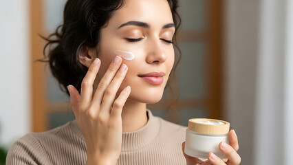 Woman applying face cream for skincare routine.