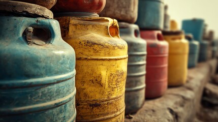 A vibrant display of colorful containers lined up against a rustic backdrop, showcasing industrial elements and structures, revealing the interplay of color and texture in everyday