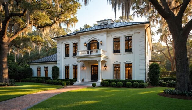 Grand white mansion surrounded by moss draped trees. Rich green lawn and brick pathway lead to stately home. Elegant architecture with large windows and balcony.