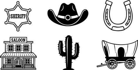 Western cowboy icons collection with sheriff badge saloon cactus horseshoe covered wagon vector illustration 