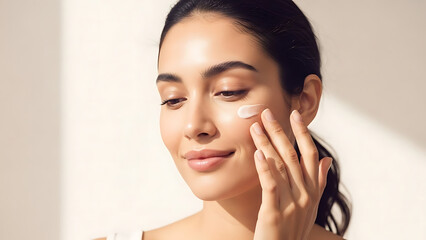 Young woman applying facial cream for skincare routine.