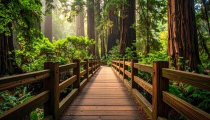 Wooden bridge pathway in a vibrant green forest with towering trees and filtered sunlight