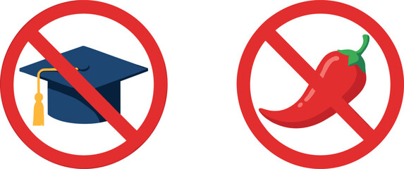Vector Set of Red Prohibition Icons: No Graduation Cap/Academic Attire and No Chili Pepper/Spicy Food, Ideal for Educational Rules and Dietary Warnings.