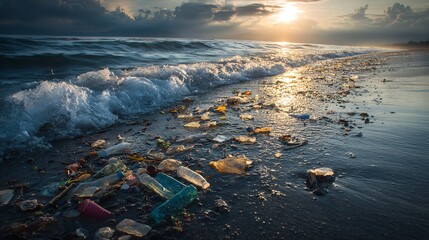 A striking image depicting garbage strewn across a beach, contrasting the natural beauty of waves and sunset