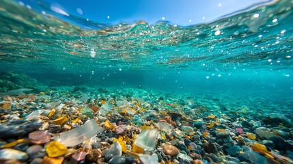 A stunning underwater view showcasing a vibrant ecosystem filled with colorful pebbles and shimmering water. This image encapsulates the beauty of marine life and aquatic serenity.