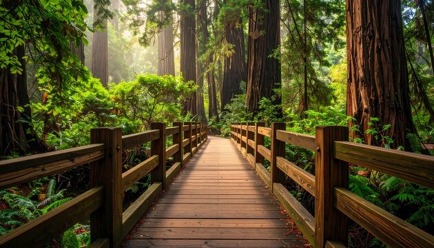 Wooden bridge pathway in a vibrant green forest with towering trees and filtered sunlight - Powered by Adobe