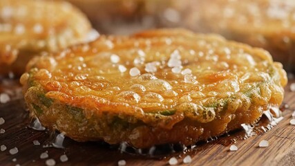 Deliciously crispy fried green tomato slice generously seasoned with coarse sea salt showcasing its goldenbrown texture and savory appeal ready to be enjoyed as a classic southern appetizer or side d.