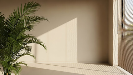 Indoor Sunlight Casting Shadows on Minimalist Wall with Green Potted Plant in Modern Room
