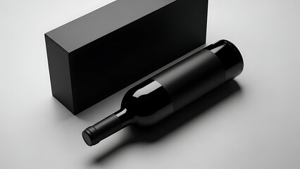 Elegant Black Wine Bottle with Matching Box on Gray Surface Minimalist Product Photography