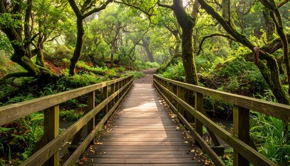 Fototapeta premium Wooden bridge spans a small waterway in a lush forest, with mossy trees and dappled sunlight creating a serene atmosphere