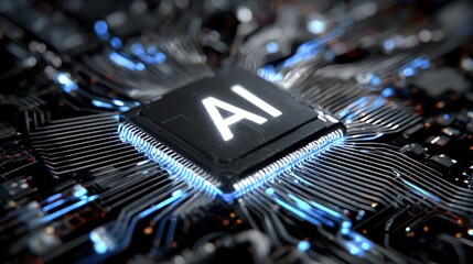 A close-up view of a computer chip showcasing intricate circuitry and the letters 'AI' illuminated, representing the advancements in artificial intelligence and technology innovati