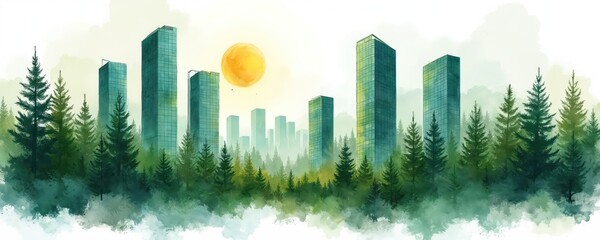 Fototapeta premium Modern glass skyscrapers rise above evergreen forest canopy. Cityscape blends urban development with nature. Sun shines through mist over green pine trees. Future city concept.