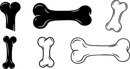 Dog bone outline and solid vector icons set in black and white style 